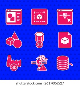 Set 3D printer, warning, Filament for, Isometric cube file, Printing house industry, Basic geometric shapes, setting and software icon. Vector
