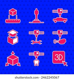 Set 3D printer wrench spanner, tooth, chicken leg, Isometric cube, Layers, car and  icon. Vector