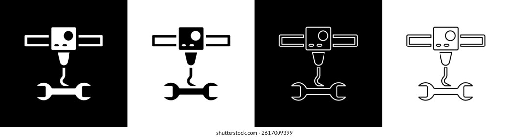 Set 3D printer wrench spanner icon isolated on black and white background. 3d printing.  Vector