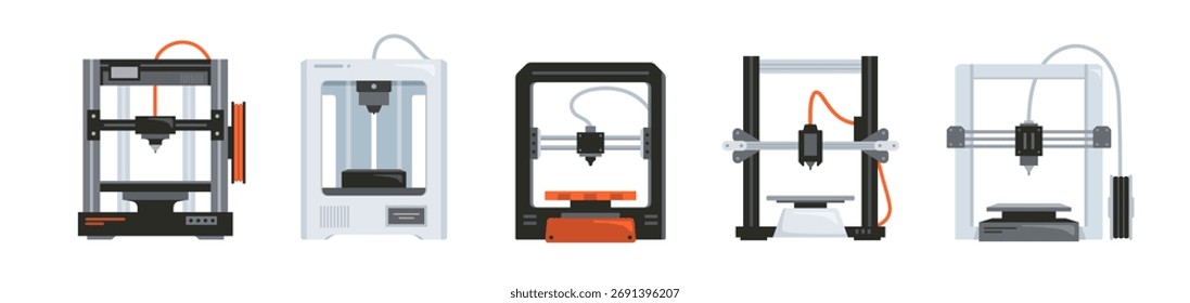 3D-Drucker. Symbole oder Aufkleber von Geräten und Maschinen, die Prototypen und Modelle drucken. Maschinenbau und Fertigung. Flache Vektorgrafik-Kollektion einzeln auf Hintergrund
