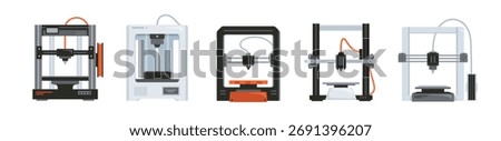 Set of 3D printers. Icons or stickers of equipment and machines printing prototypes and models. Engineering and manufacturing. Flat vector illustration collection isolated on background