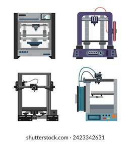 Set of 3d printers isolated on white background. 3d concept. Technology concept.