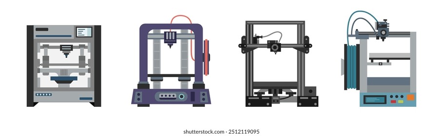 Conjunto de impressoras 3d isoladas em fundo branco. conceito 3d. Conceito de tecnologia.