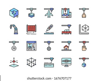 Set of 3D Printing Color Line Icons. 3d Modeling, Industrial Printer and more.