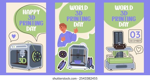 Set of 3d printing day poster. 3d printers,plastic wire and computer modeling. 3D printing concept.