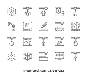 Set of 3D Printing Line Icons. 3d Modeling, Industrial Printer, 3 Dimensional Model, Plastic Thread Reels and more.