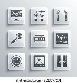 Set 3D printing technology, Chemical formula, Electronic scales, Petri dish with bacteria, DNA research, search, Genetic engineering modification and Test tube and flask icon. Vector