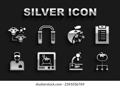 Set 3D printing technology, Clinical record, Genetically modified food, Microscope, Laboratory assistant, Biological structure, Cloning and Test tube and flask icon. Vector