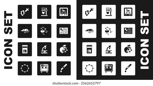 Set 3D printing technology, Genetically modified food, Experimental mouse, Syringe, Clinical record, Test tube flask on stand, Biological structure and Jar with additives icon. Vector