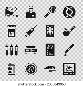 Set 3D printing technology, Pipette, Genetically modified apple, DNA research, search, Syringe, Jar with additives, Prosthesis hand and Experimental animal icon. Vector