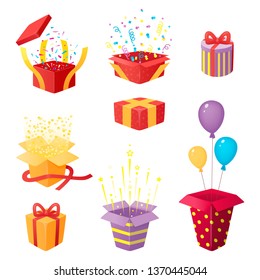 Set of 3d prize boxes with confetti, stars and tinsel. Opened and closed surprises with ribbons. Gifts and party explosions. Vector illustration, cartoon 3d style.