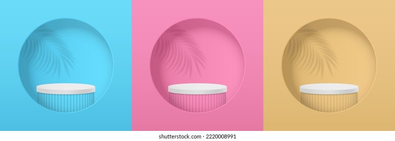 Juego de triviales de exposición de productos para cosméticos de maquillaje. 3d peatón realista con sombra de hojas de palma. Escena de pared minimalista para la visualización de producto de simulación.Ilustración vectorial de podio 3d.
