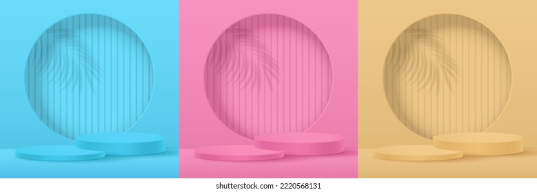 Set of 3d product display podium for mockup cosmetics. 3d realistic pedestal with shadow of palm leaves. Minimalist wall scene for mockup product display.3d podium vector illustration.