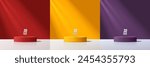 Set of 3D product podium background in red, yellow and dark purple on white floor empty space. Abstract composition in minimal design. Studio showroom product pedestal, Fashion showcase mockup scene.