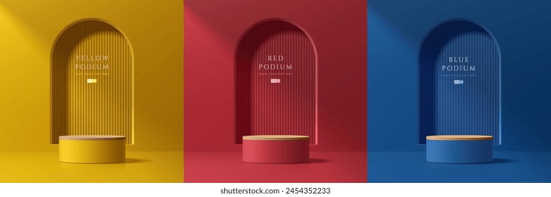 Set of 3D product podium background in blue, red, yellow with top wood and arch window behind. Abstract composition in minimal design. Studio showroom product pedestal, Fashion showcase mock up scene.