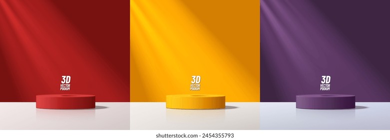 Set of 3D product podium background in red, yellow and dark purple on white floor empty space. Abstract composition in minimal design. Studio showroom product pedestal, Fashion showcase mockup scene.