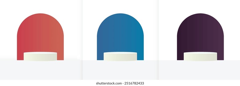 Set of 3D product podium background in red, Blue and dark purple on white floor empty space. Abstract composition in minimal design. Studio showroom product pedestal, Fashion showcase mockup scene.
