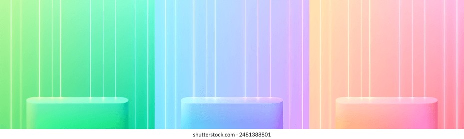 Set of 3D product podium in blue, pink and green color with neon light lines. Abstract geometric composition in minimal design. 3D studio showroom product pedestal, Fashion stage showcase mockup scene