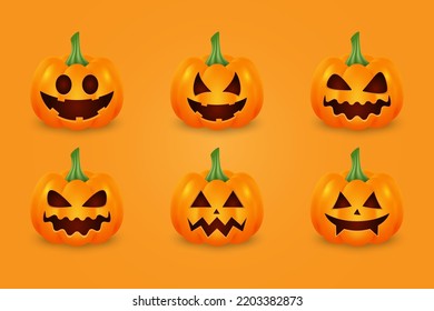Set of 3d pumpkin on orange background. Orange pumpkin with differnt face for the holiday Halloween. 3d vector illustration.