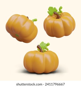 Set of 3D pumpkins, top, bottom, side view. Colorful autumn vegetables. Ingredient for autumn vegetarian menu. Vector templates for seasonal web design