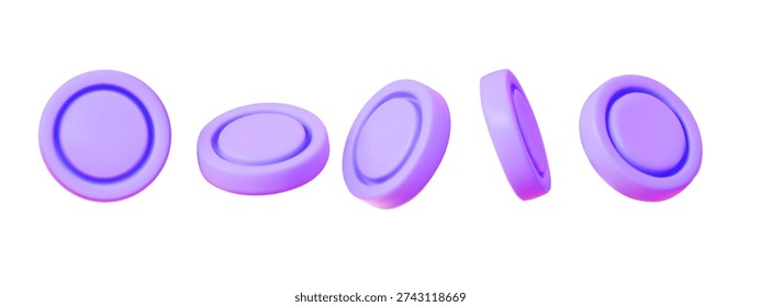 Set of 3D purple coins and checker pieces in different angles, isometric glossy plastic game tokens for UI design, vector style crystal round chips for casino or board games on white background