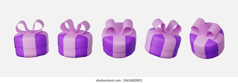 set 3D purple gift boxes closed, adorned with pastel ribbon bows, isolated on a white background. 3D rendered modern holiday surprise boxes. Realistic vector illustration.