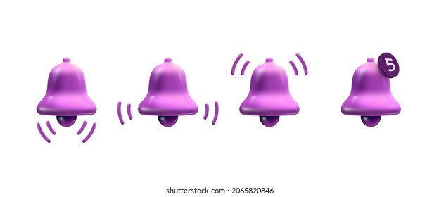 Set of 3d purple notification bells isolated on white background. Vector illustration