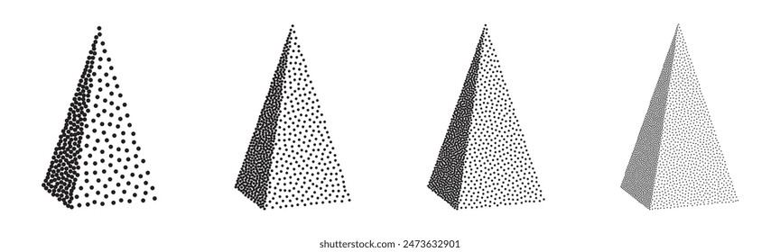 Set of 3D pyramids in halftone dotwork style. Vector illustration