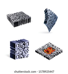 Set of 3D QR Code. Icons Abstract QR Code Illustration Isolated on White Backdrop. Smart Technology QR code, Data Identification and Information Transmission