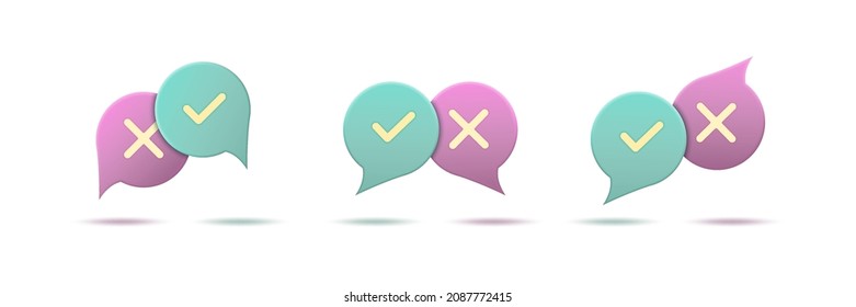 set of 3d of the reaction of speech bubbles. approved and reject circle symbols