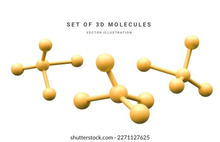 Set von 3D-realistischen abstrakten Goldmolekülen einzeln auf weißem Hintergrund. Vektorgrafik