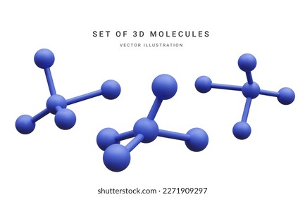 Conjunto de moléculas abstractas 3d realistas aisladas sobre fondo blanco. Concepto de medicina, biología, química y ciencia en el estilo de las caricaturas. Ilustración del vector