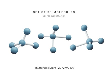 Conjunto de moléculas abstractas 3d realistas aisladas sobre fondo blanco. Concepto de medicina, biología, química y ciencia en el estilo de las caricaturas. Ilustración del vector