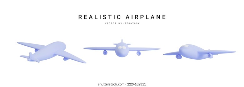 Set of 3d realistic airplane isolated on white background. Vector illustration