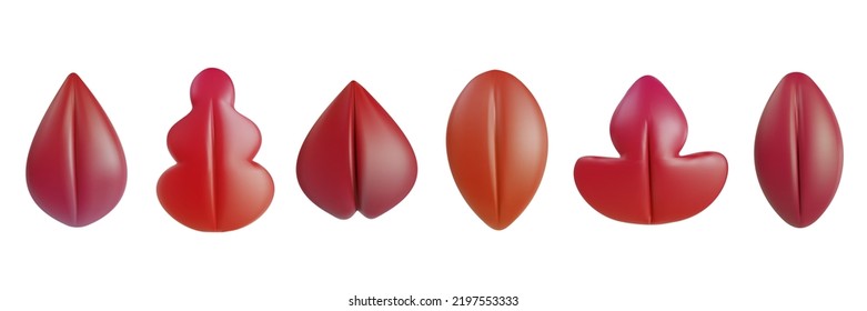 Set 3d realistic autumn leaf various shapes in minimalistic cartoon style. Collection modern design elements isolated on transparent background. Soft plastic children toy. Vector art illustration.