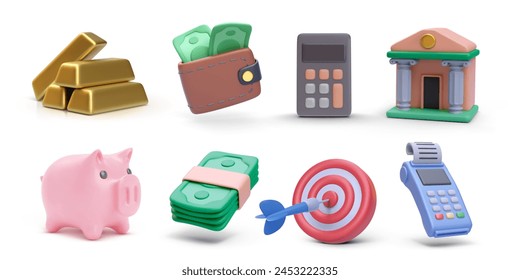 Set of 3d realistic banking vector icons isolated on white background. Gold bars, wallet, calculator, bank, piggy, dollars, target, terminal