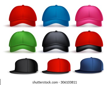 Set of 3D Realistic Baseball Caps for Men and Women with Variety of Colors Isolated in White Background. Vector Illustration