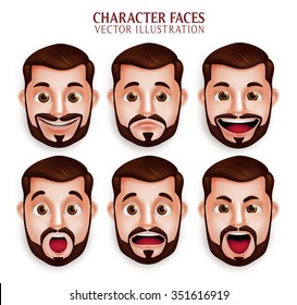 Set of 3D Realistic Beard Man Head with Different Facial Expression Isolated in White Background. Vector Illustration
