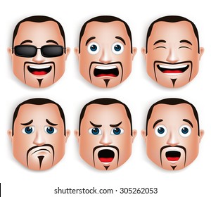 Set Of 3D Realistic Big Fat Man Head With Different Facial Expressions For Avatar. Isolated In White Background Editable Vector Illustration