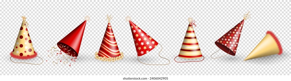 Set of 3d realistic birthday hats or festive party paper caps, cones with golden confetti ribbons, fluffy fur serpentine explosion. Red and yellow party hats for celebration, anniversary, carnival