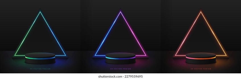 Conjunto de podio de cilindro negro realista 3D con fondo triangular de luz de neón rojo, verde, azul y amarillo. Muestra de escenario de producto de simulación de escena mínima en pared, pantalla de promoción. Resumen vectorial vacío habitación.