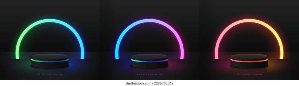 Set of 3D realistic black cylinder podium with red, green and blue semi circle neon lighting background. Wall minimal scene mockup product stage showcase, Promotion display. Abstract vector empty room