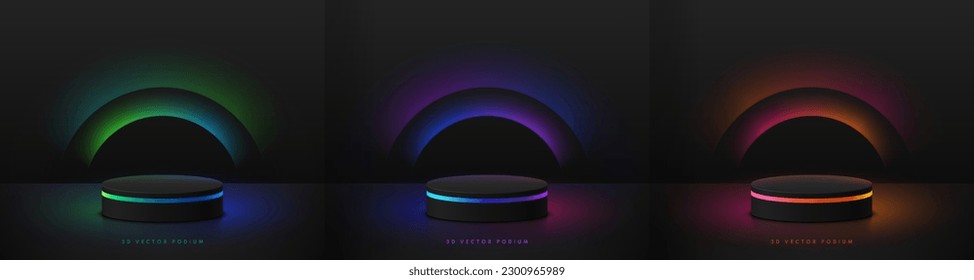 Set of 3D realistic black cylinder podium with red, green, blue glowing neon lighting level background. Wall minimal scene mockup product stage showcase, Promotion display. Abstract vector empty room.