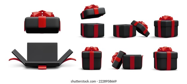 Set of 3d realistic black gift boxes with red ribbon isolated on white background. Surprise boxes. Vector illustration