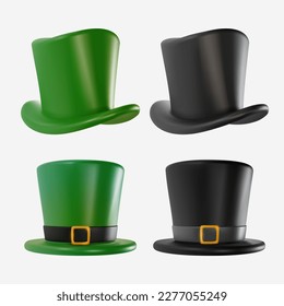 Set 3d realistic black and green top hat in cartoon minimal style on white background. Bright modern vector graphic element. Retro clothing accessories. Magic equipment or vintage  decoration.