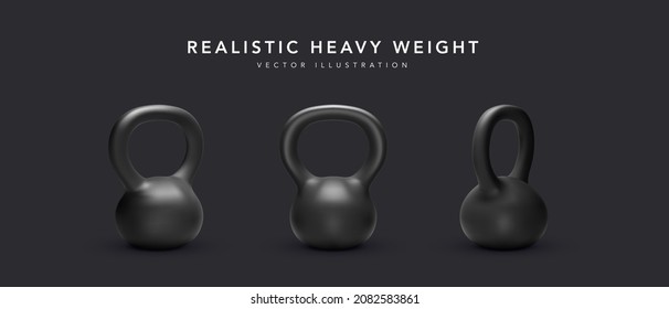 Set of 3d realistic black heavy weight isolated on dark background. Vector illustration