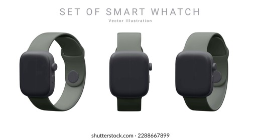Conjunto de reloj inteligente negro 3d realista en una posición diferente aislado en el fondo blanco. Ilustración del vector