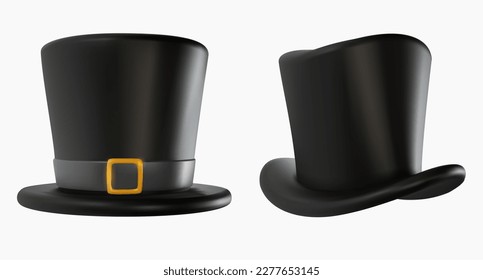 Set 3d realistic black top hat in cartoon minimal style. Bright modern vector graphic element. Retro clothing accessories. Magic equipment or vintage  decoration.