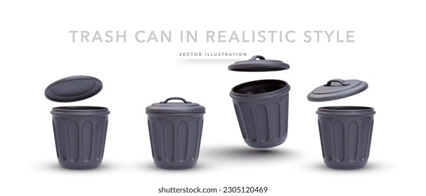 Set of 3d realistic black trash can with shadow on white background. Vector illustration