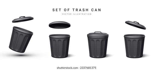 Set of 3d realistic black trash can on white background. Vector illustration